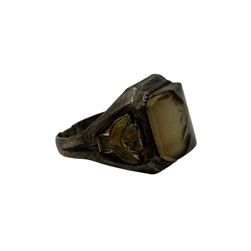 Vintage Mixed Metal Agate Signet Ring Silver Gold Tone Crest Emblem Size 10